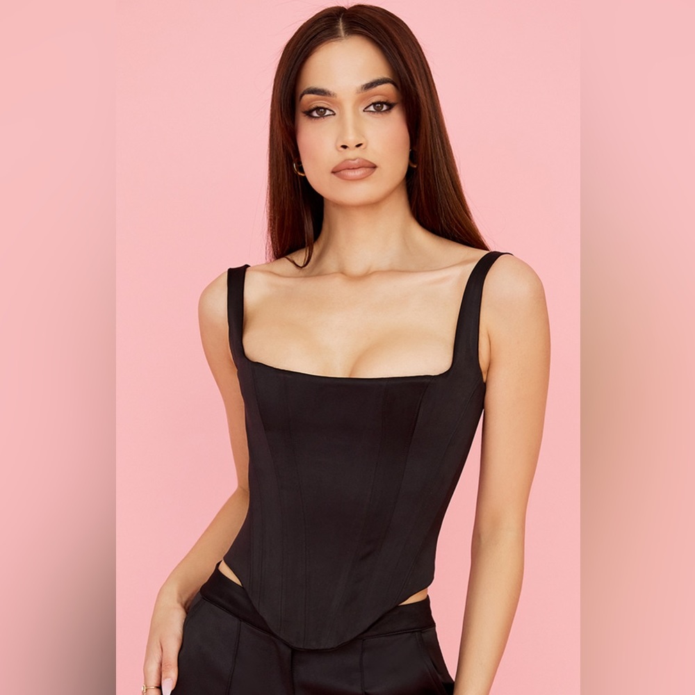 NWT House of CB 'Rafa' Black Satin Longline Corset (Size S)